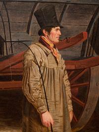 A Cart Horse and Driver Outside a Stable