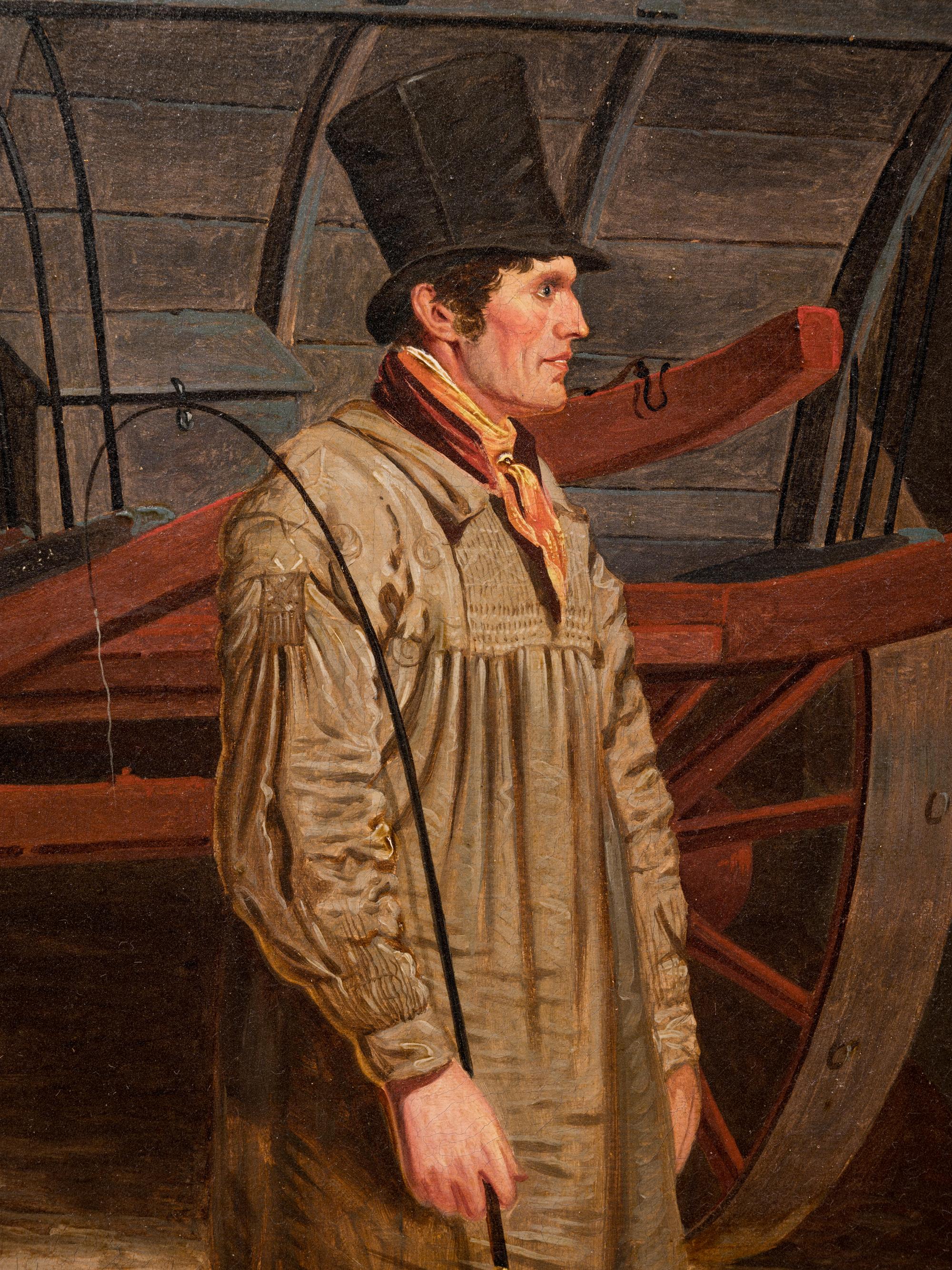 A Cart Horse and Driver Outside a Stable