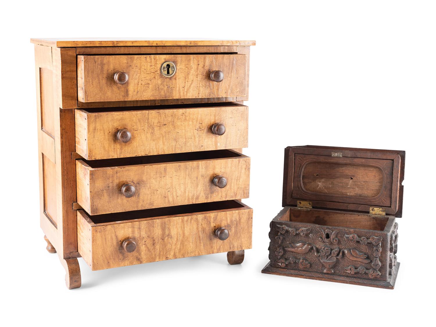 A Miniature Classical Chest of Drawers and Carved Box