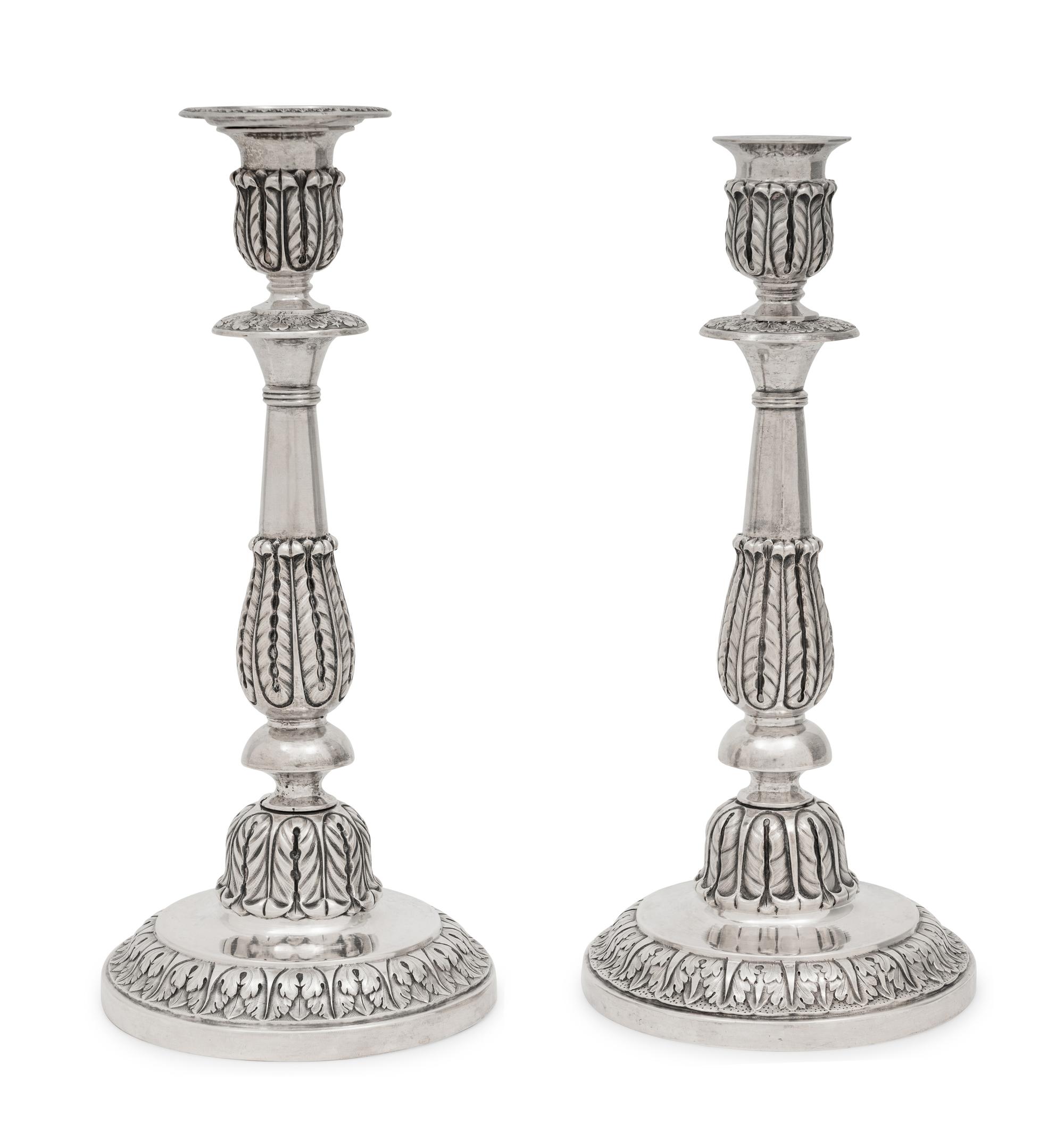 A Pair of Russian Silver Candlesticks