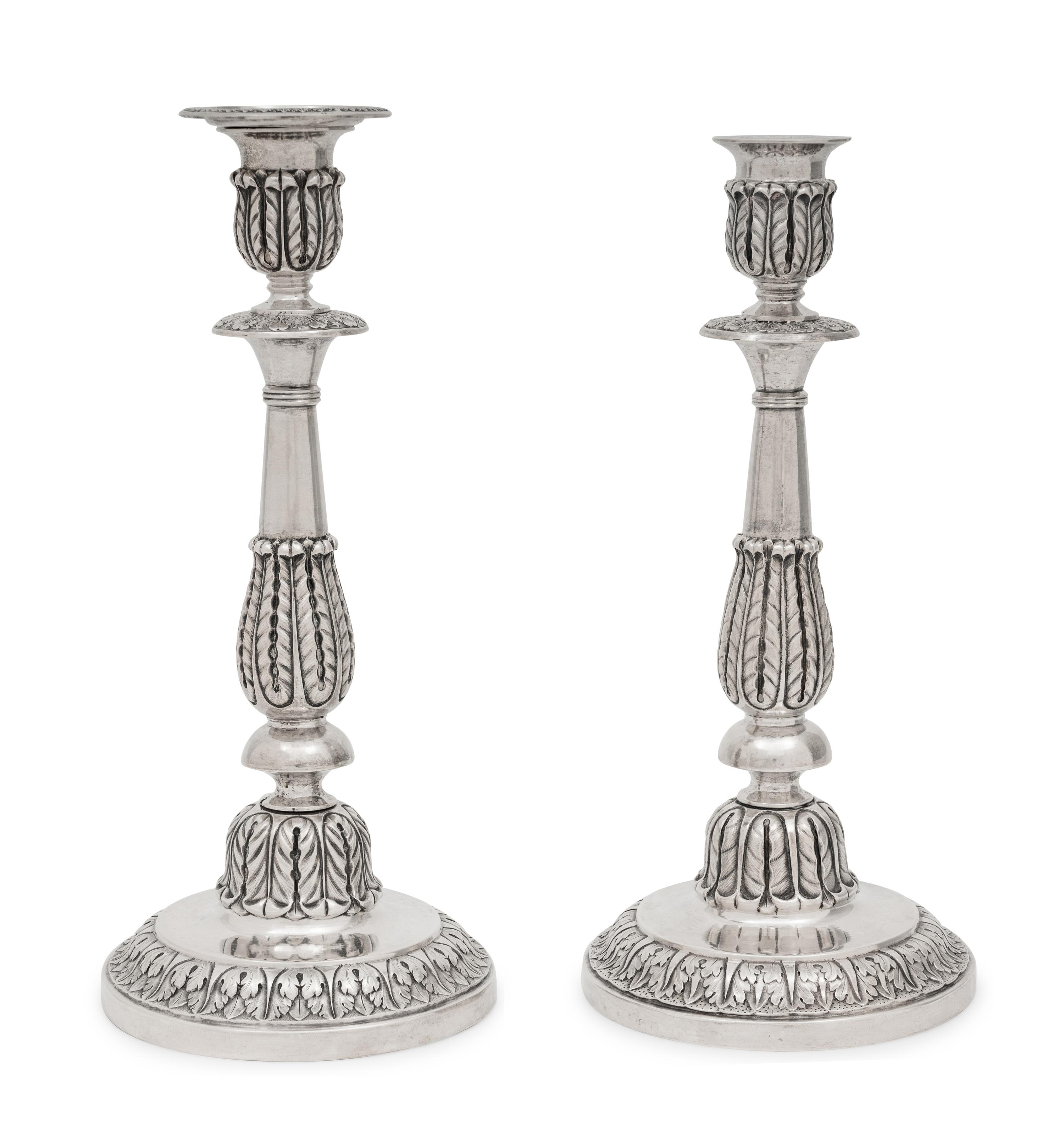 A Pair of Russian Silver Candlesticks