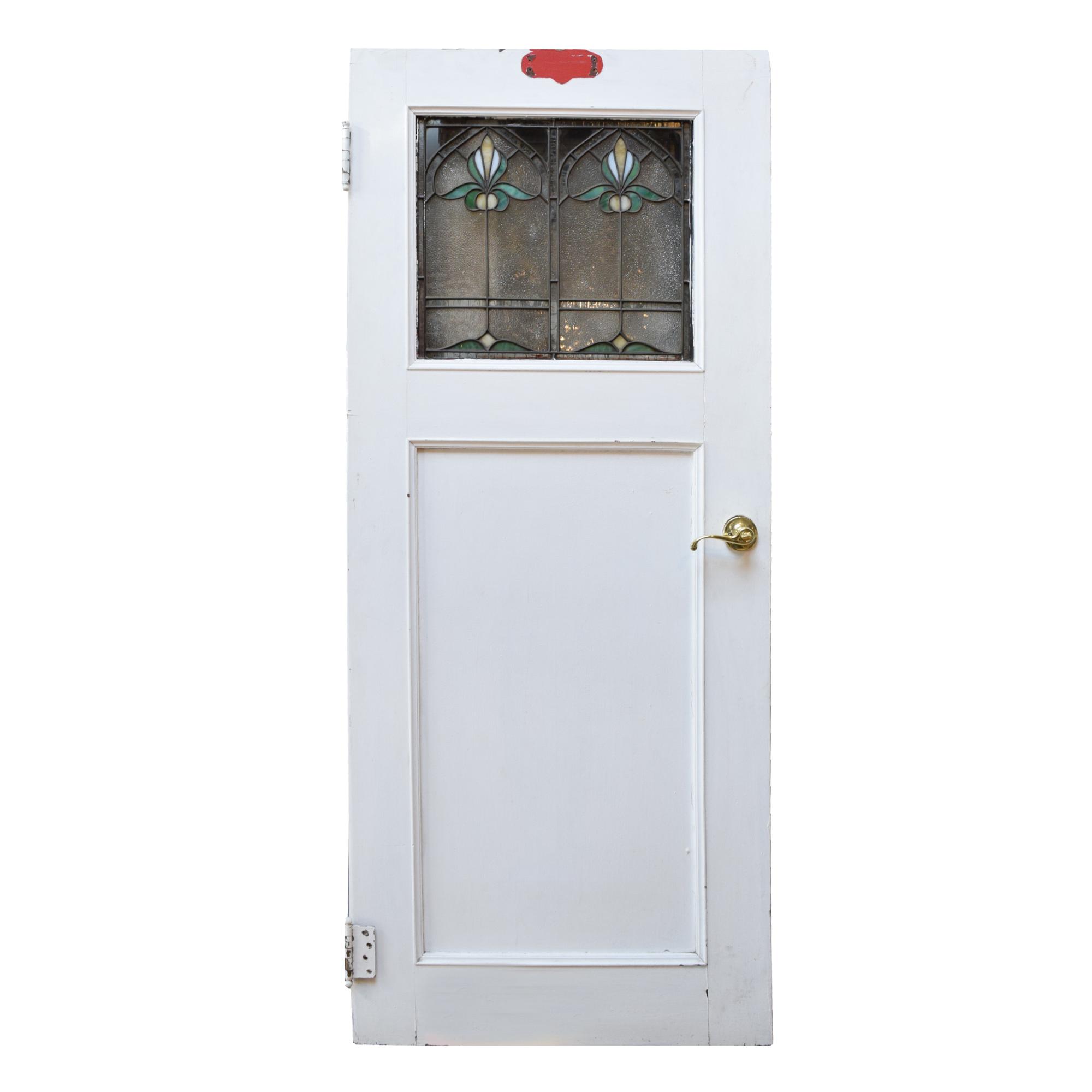 A Leaded and Stained Glass Door from a Chicago, IL. Bungalow 32.25" W x 1.75" D x 76.5" H — United States, Early 20th Century