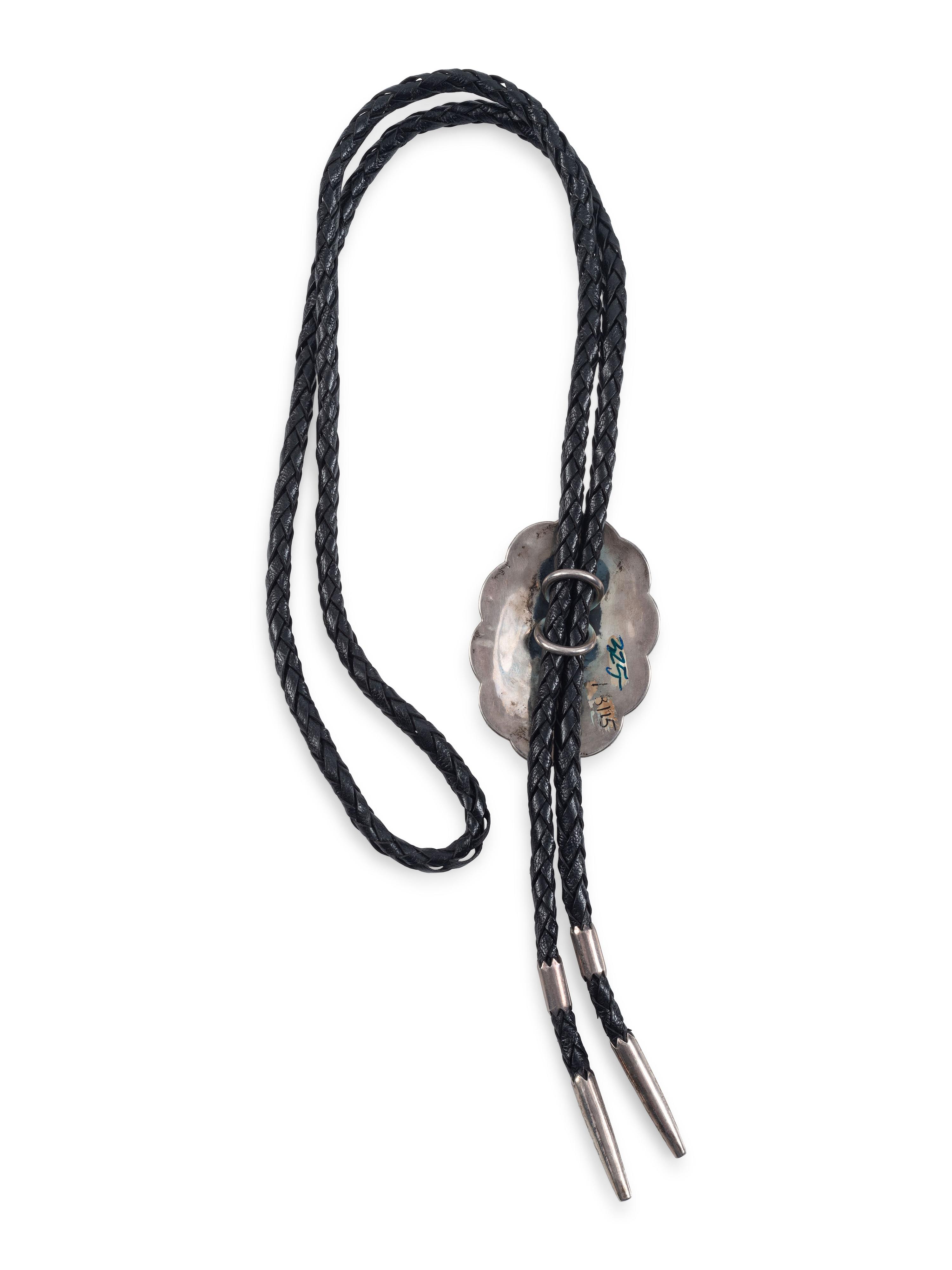Hopi Silver Overlay Pueblo Scene Bolo Tie, with 14K Gold Accents
