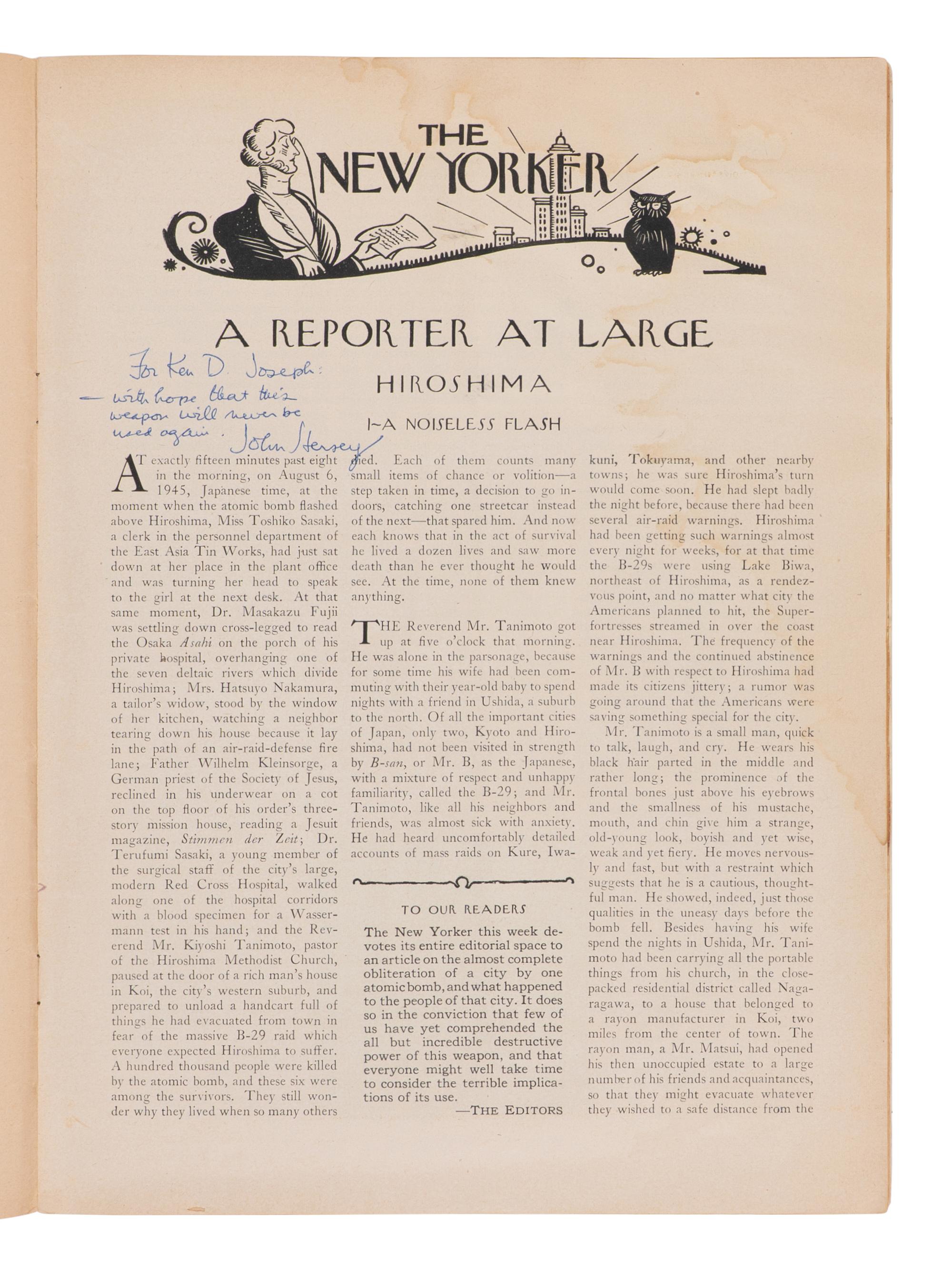 HERSEY, John (1914-1993). "Hiroshima." In: The New Yorker . 31 August 1946.