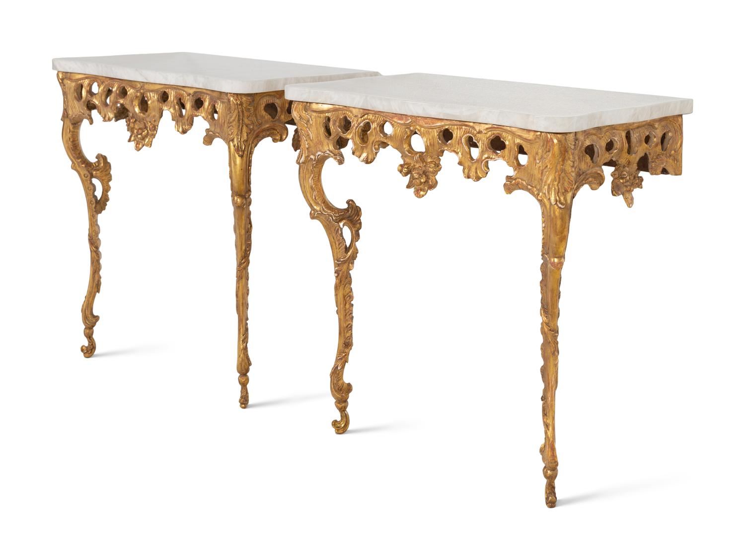 A Pair of North European Rococo Giltwood Marble-Top Console Tables