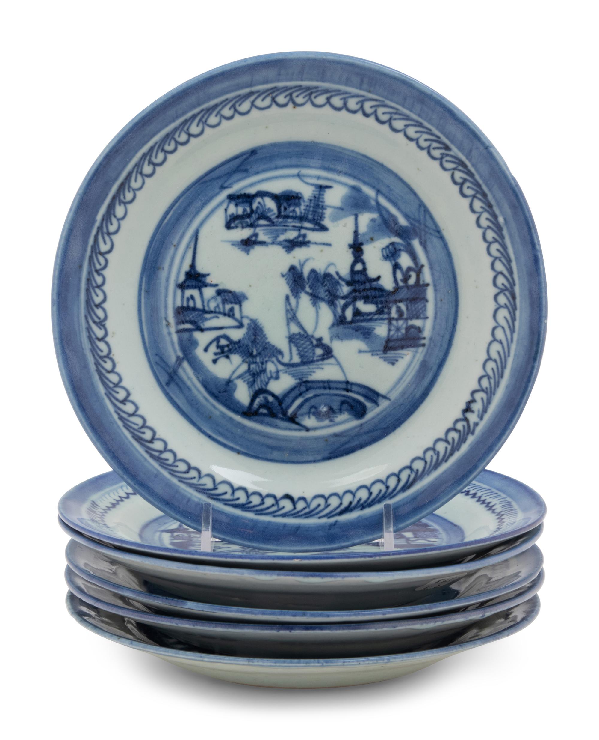 A Set of Six Canton Export Blue and White Porcelain Plates