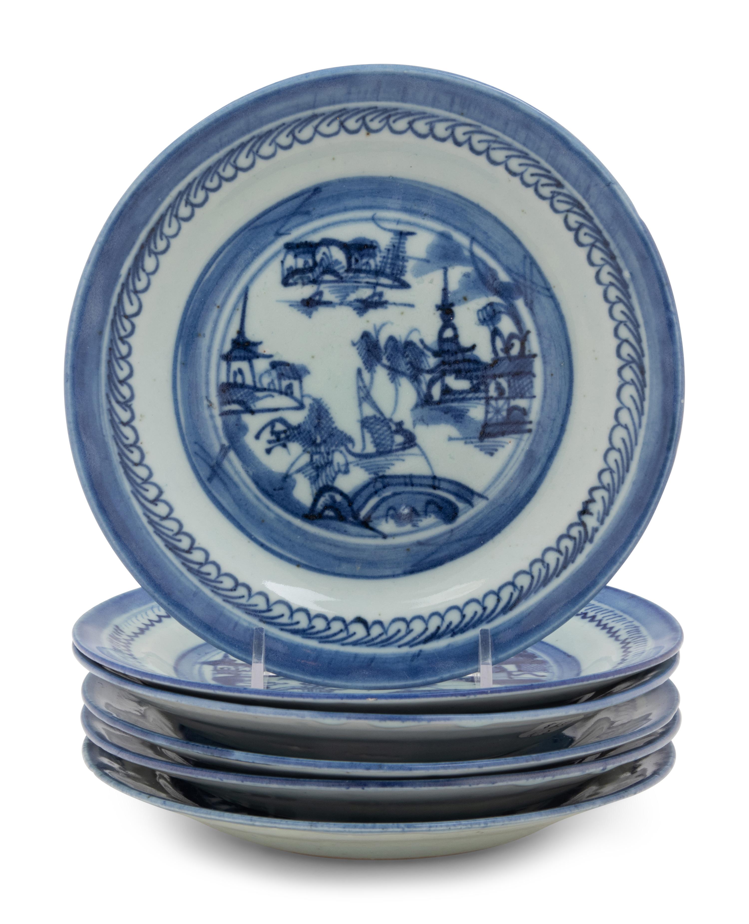 A Set of Six Canton Export Blue and White Porcelain Plates
