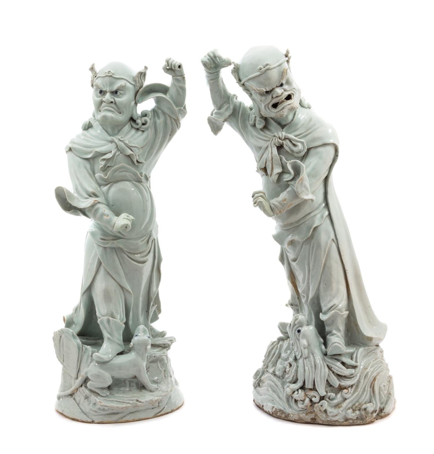 A Pair of Large Chinese Qingbai Porcelain Figures of Guardians MING DYNASTY Height of taller 22 3/8 inches. — MING DYNASTY