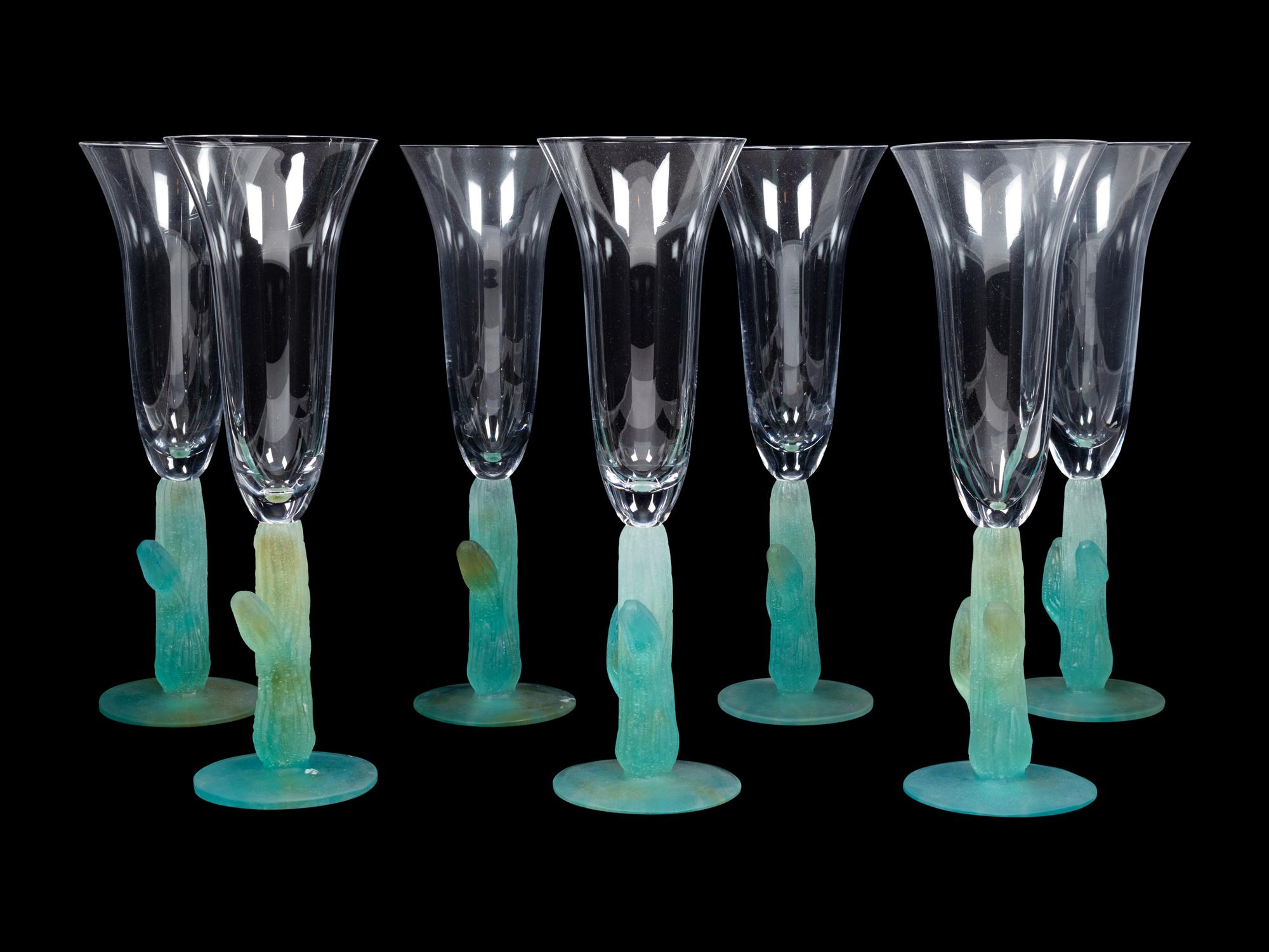 A Set of Thirteen Daum Pâte-de-Verre Cactus Champagne Flutes