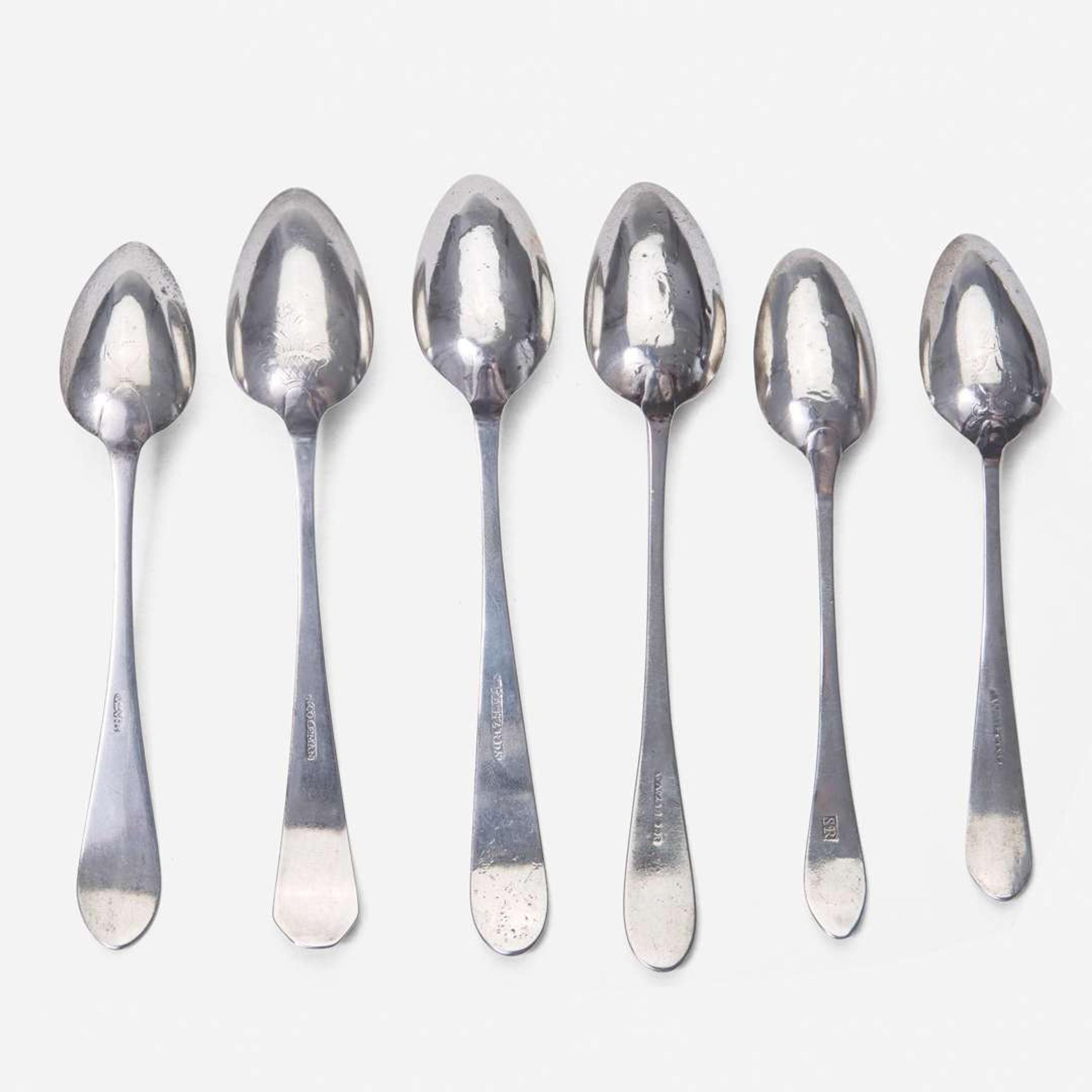 A large collection of twenty-five bird-back and fancy-back teaspoons Various makers, Lancaster, Reading, Philadelphia, PA, and Burlington, NJ, circa 1780-1820