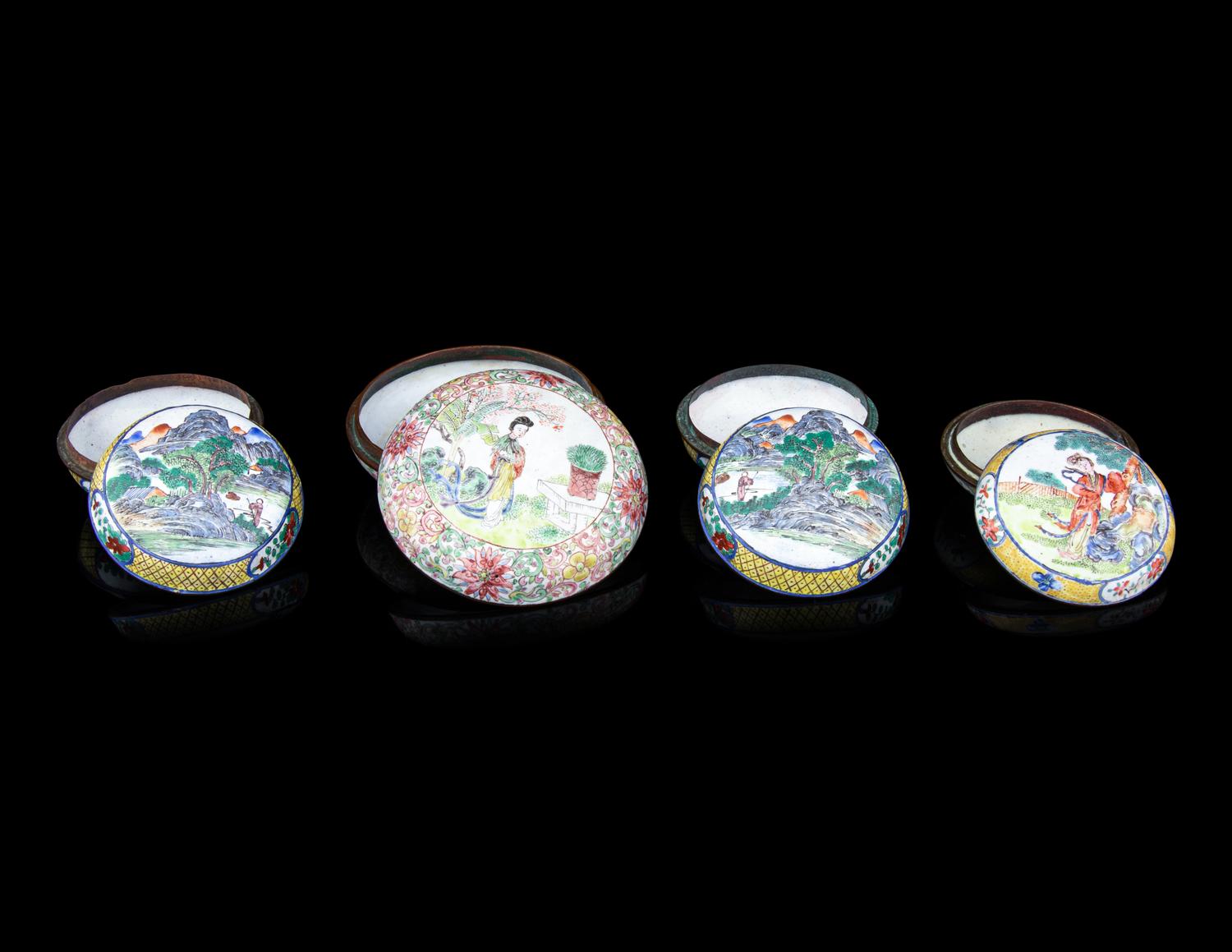 Four Chinese Canton Enamel on Copper Covered Boxes