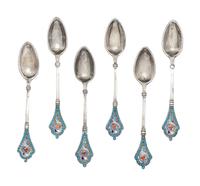 A Set of Six Russian Enameled Silver Coffee Spoons