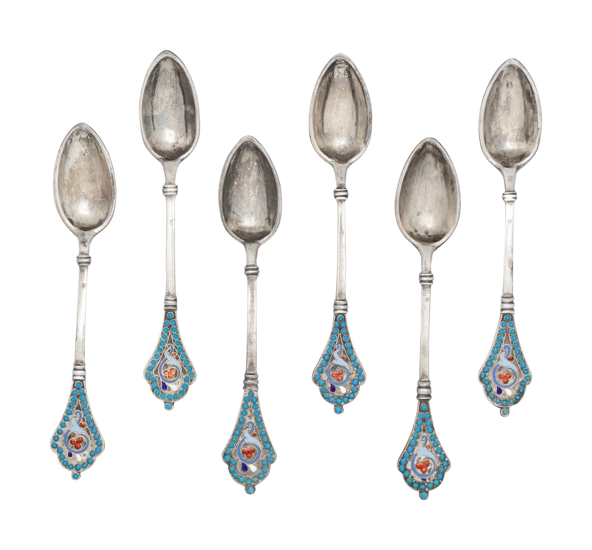 A Set of Six Russian Enameled Silver Coffee Spoons