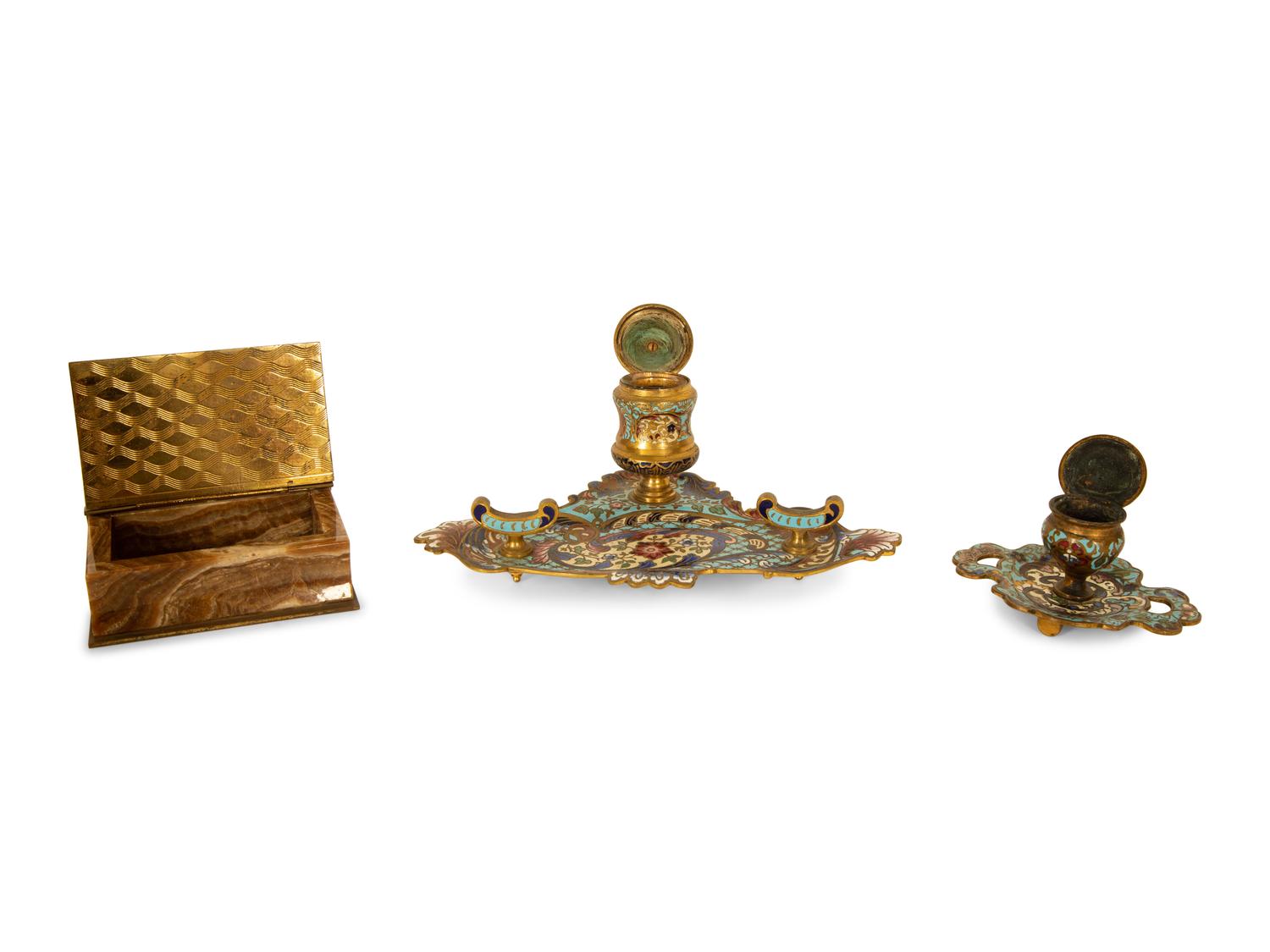 Three French Enameled Brass Desk Articles
