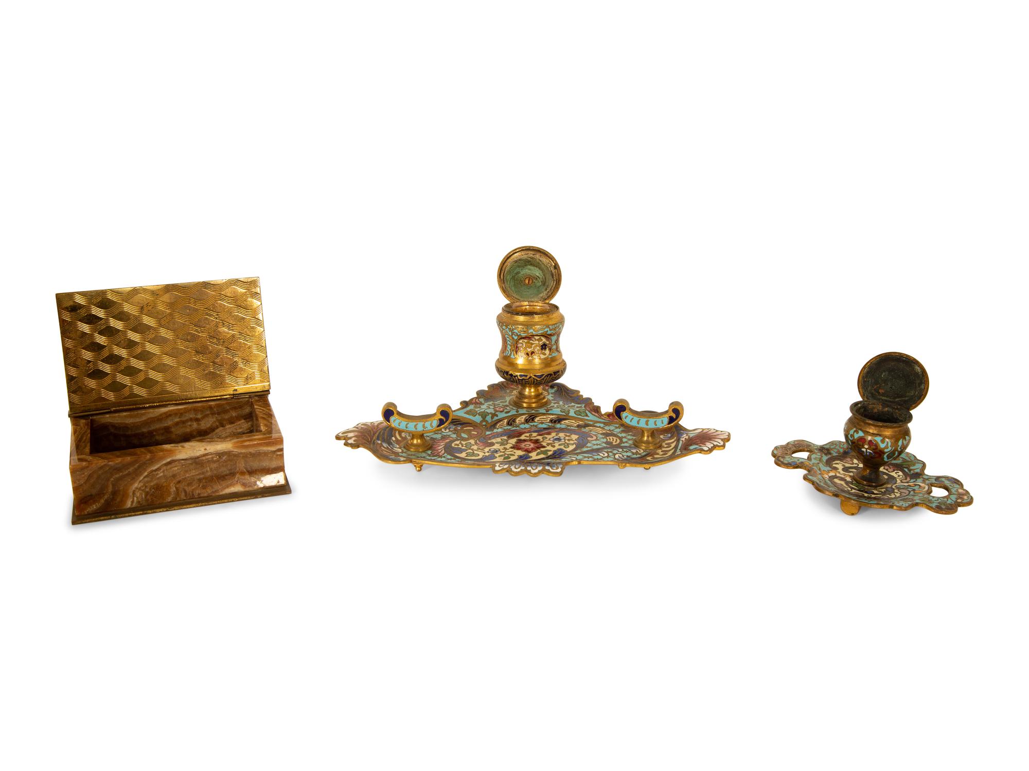 Three French Enameled Brass Desk Articles