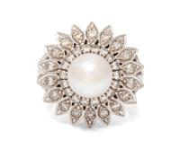A White Gold, Diamond and Cultured Pearl Ring,