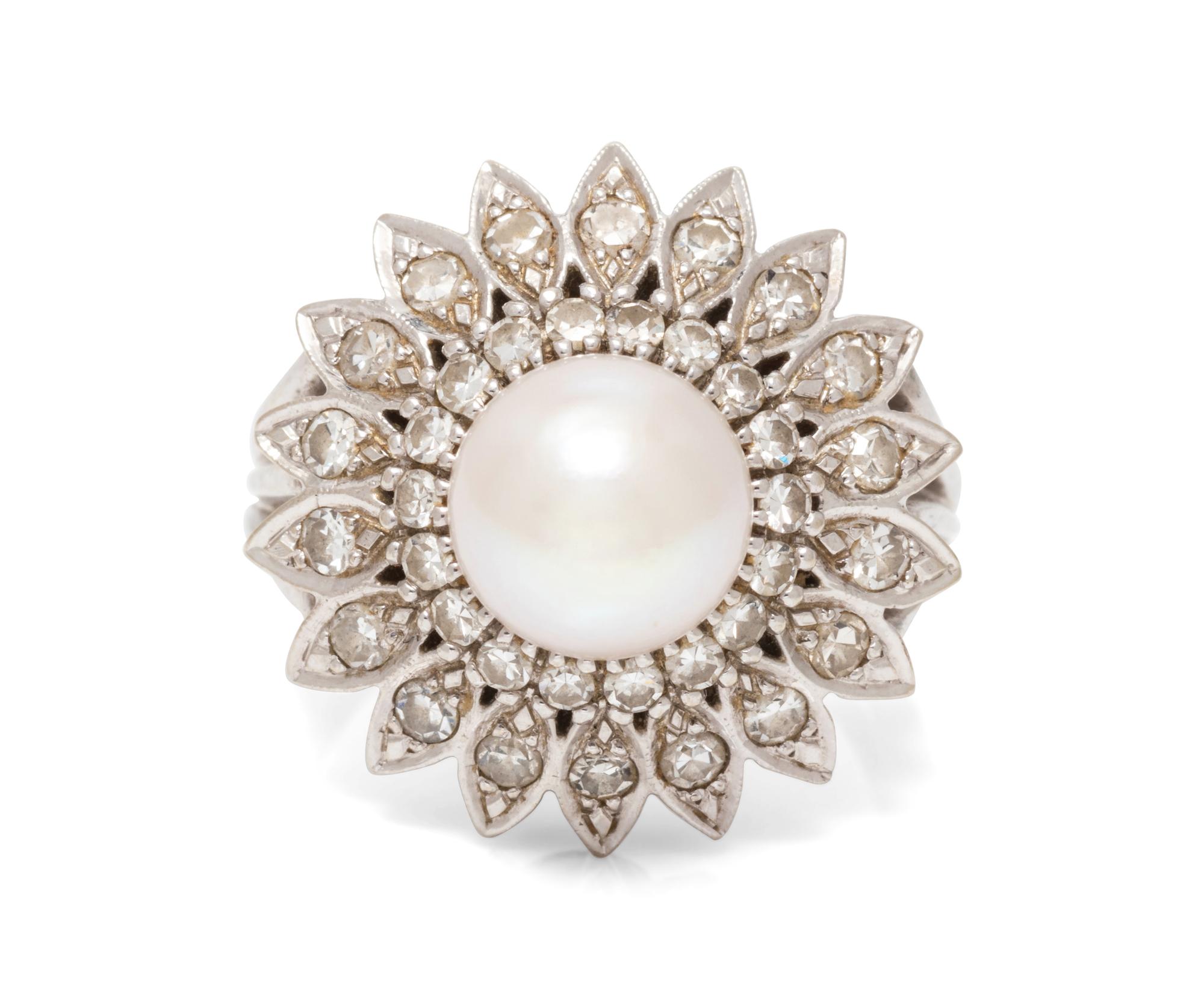 A White Gold, Diamond and Cultured Pearl Ring,