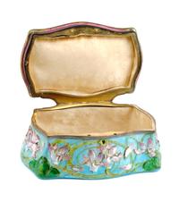 An Austrian Enameled Silver Jewelry Box, , of serpentine outline, the hinged top enameled to show a gentleman and two ladies in an inte