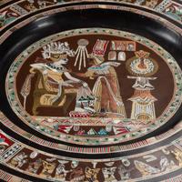 A Pair of Patinated Bronze Egyptian Figures with Marquetry Trays