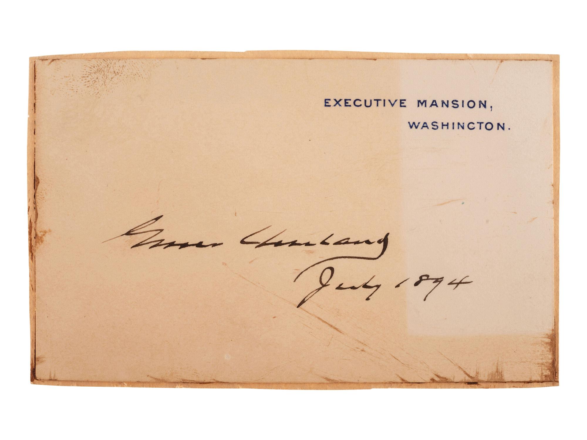 CLEVELAND, Grover (1837-1908). Card signed ("Grover Cleveland"), as President of the United States. Washington, D.C., July 1894.