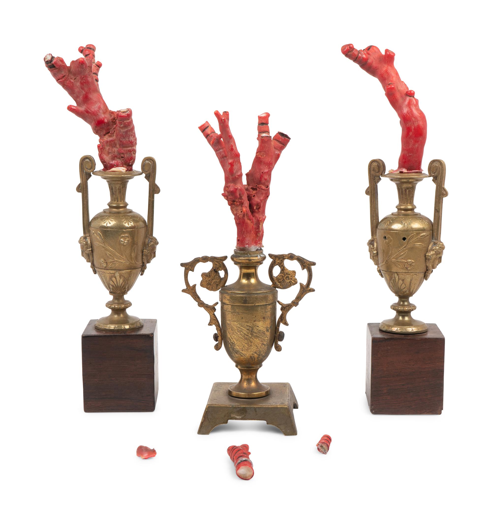 A Coral Specimen Mounted Three-Piece Gilt Metal Garniture