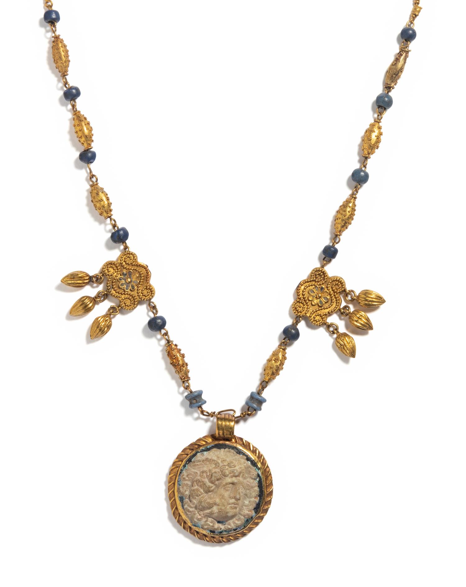 A Roman Gold and Glass Cameo Pendant with a Head of Medusa — Set in an Archaeological Revival Gold Necklace