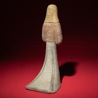 A Large Chinese Painted Pottery Standing Lady Wearing a Hood, Han Dynasty — 漢 大型灰陶彩繪風帽喇叭裙女俑