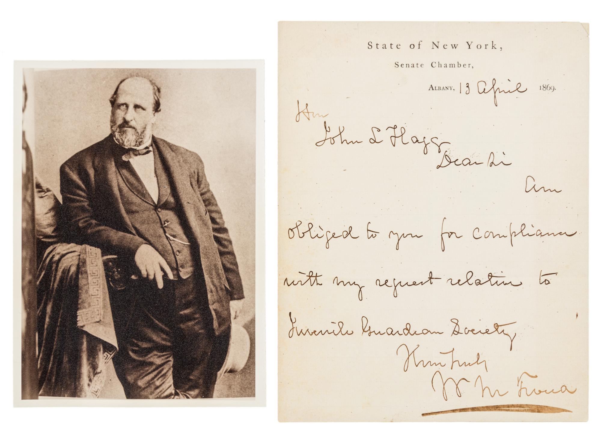 TWEED, William M. ("Boss"). Autographed letter signed ("Wm. Tweed"), as New York Senator, to John L. Flagg, Albany, 13 April 1869.