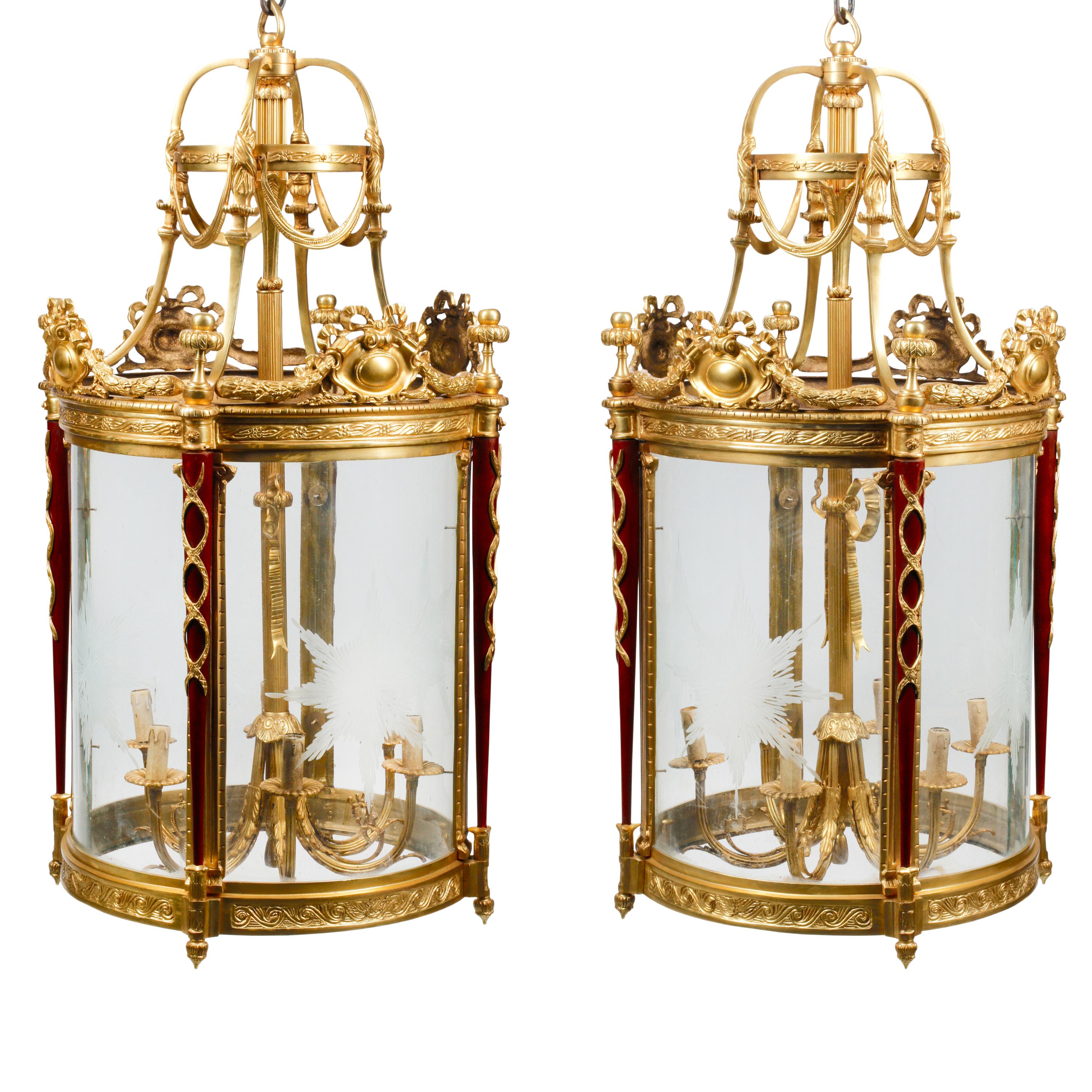 A Pair of Louis XVI Style Gilt Bronze and Mahogany Hall Lanterns