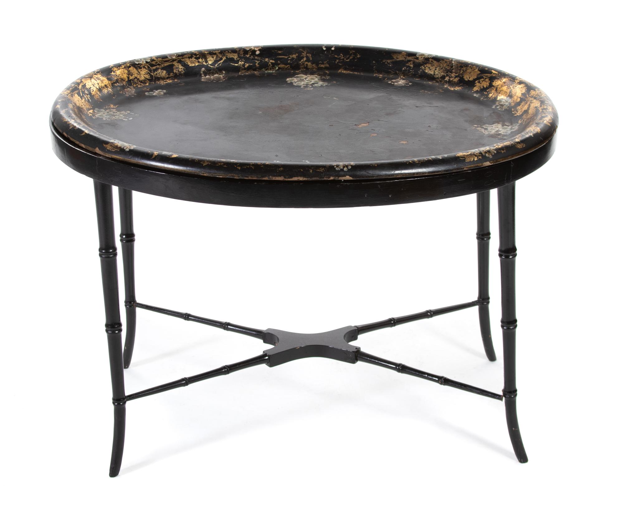 A Victorian Papier-Mache Oval Tray on Stand