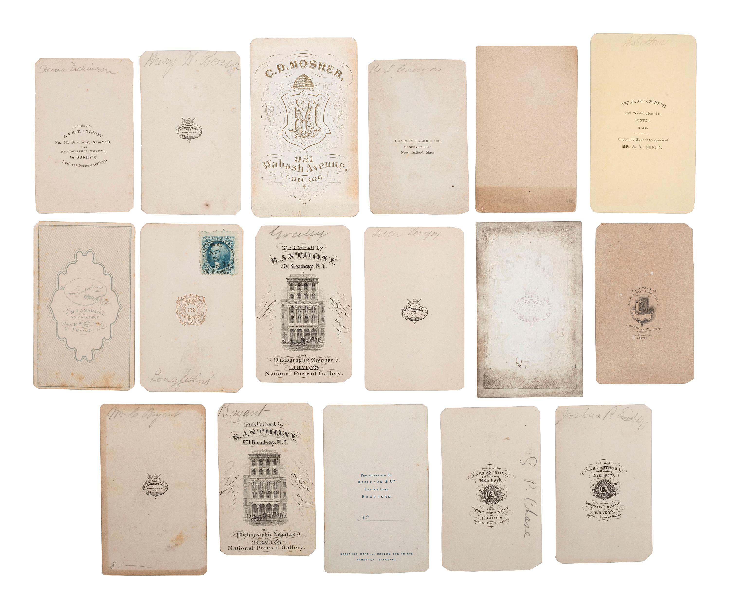 [EARLY PHOTOGRAPHY]. A group of 17 CDVS of notable 19th century personalities, incl. abolitionists, politicians, writers, and orators.