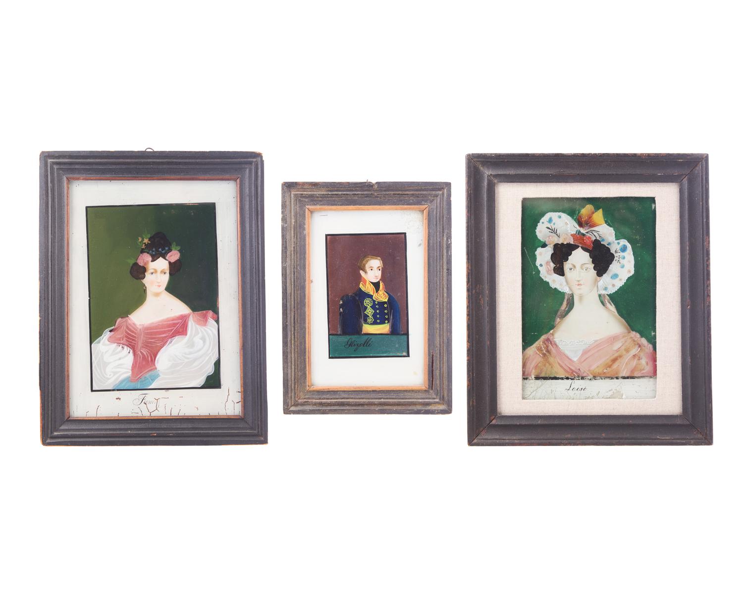 A Group of Three Reverse-Painted Portraits, First Half 19th Century