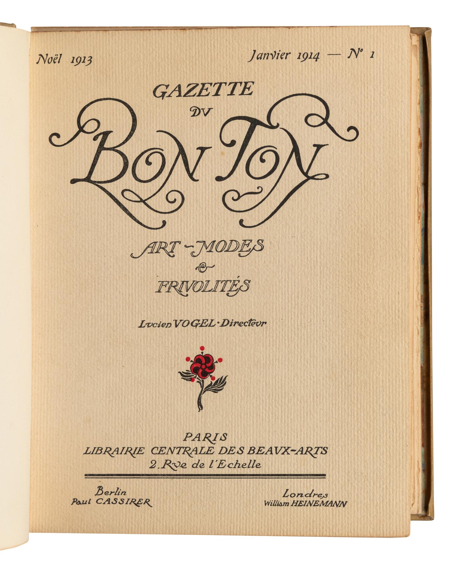 [FRENCH COSTUME]. HERMANN, Lucien Antoine (1886-1954). Gazette du Bon Ton Art-Modes & Frivolites. Paris, Berlin & London: Librairie Centrale Des Beaux-Arts, Paul Cassirer, and William Heinemann, Christmas 1913 – June 1914.