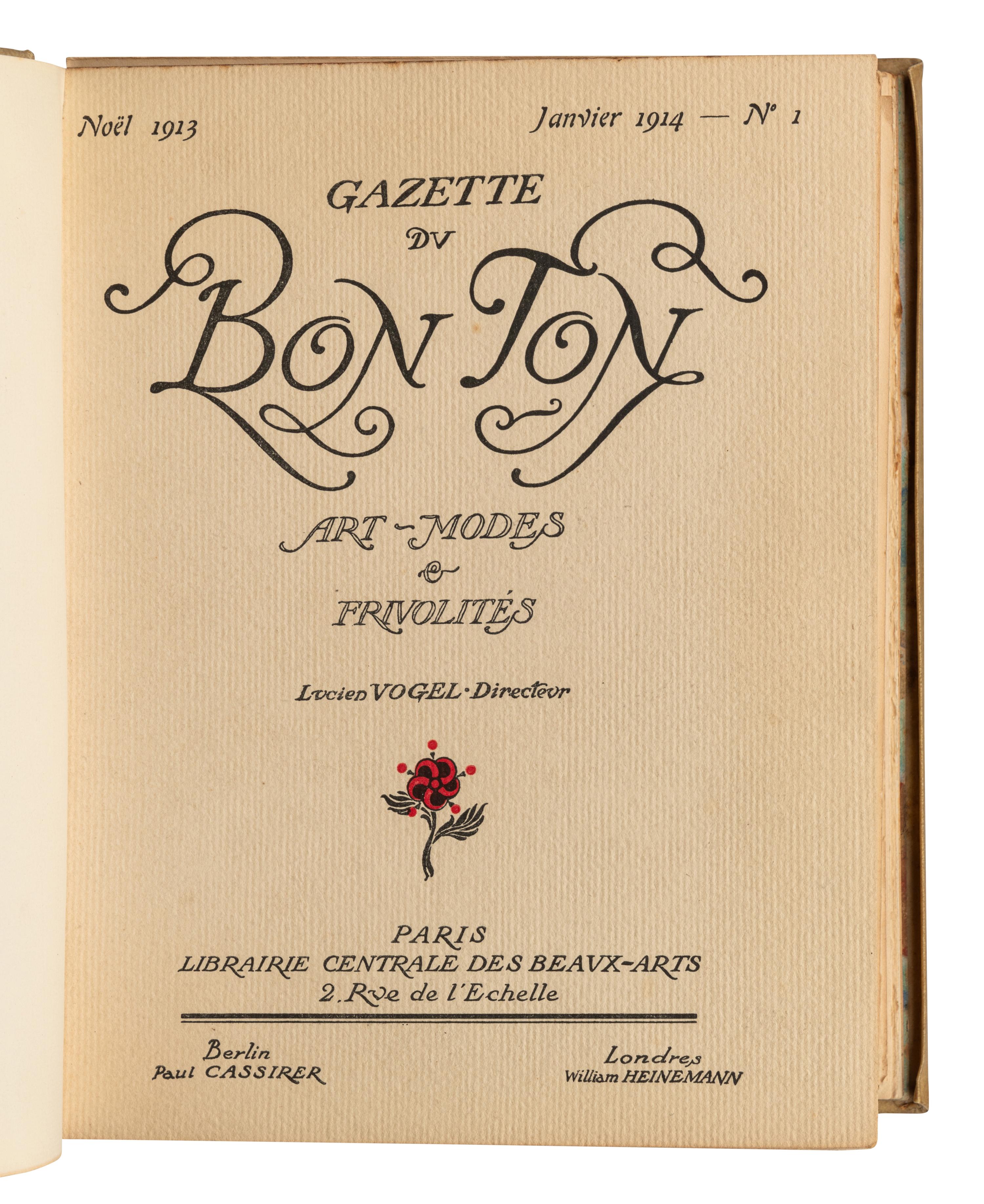 [FRENCH COSTUME]. HERMANN, Lucien Antoine (1886-1954). Gazette du Bon Ton Art-Modes & Frivolites. Paris, Berlin & London: Librairie Centrale Des Beaux-Arts, Paul Cassirer, and William Heinemann, Christmas 1913 – June 1914.