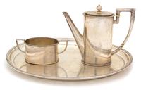 A Silver-Plate Partial Tea Service, 20th Century, comprising tray, tea pot and open sugar