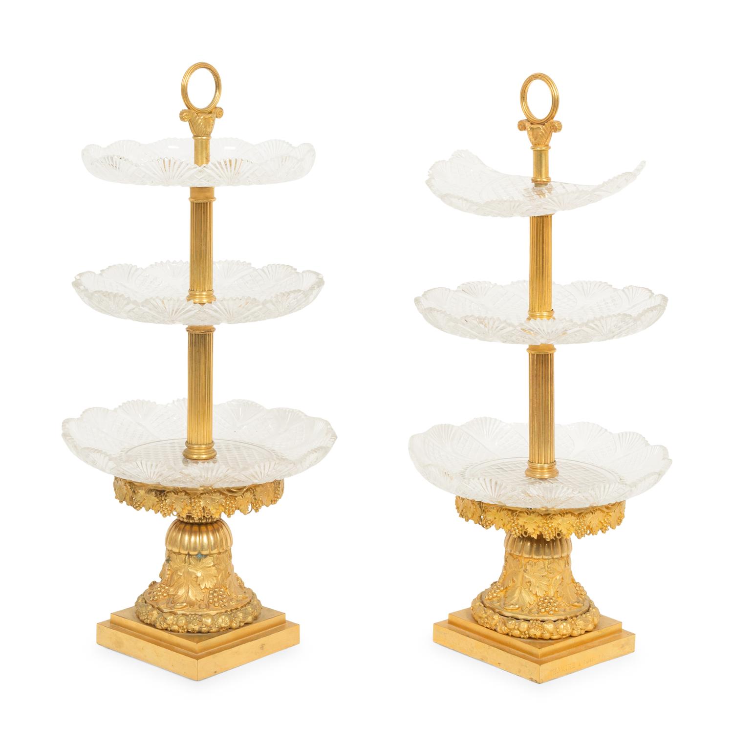 A Pair of Empire Gilt Bronze and Cut Glass Centres de Surtout de Table