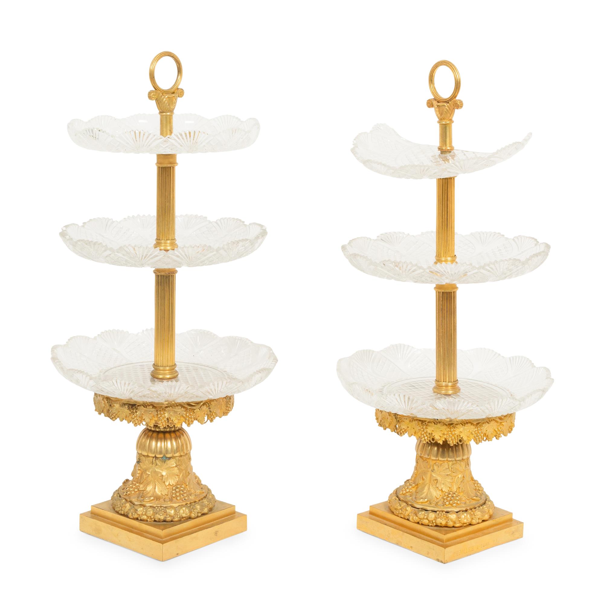 A Pair of Empire Gilt Bronze and Cut Glass Centres de Surtout de Table