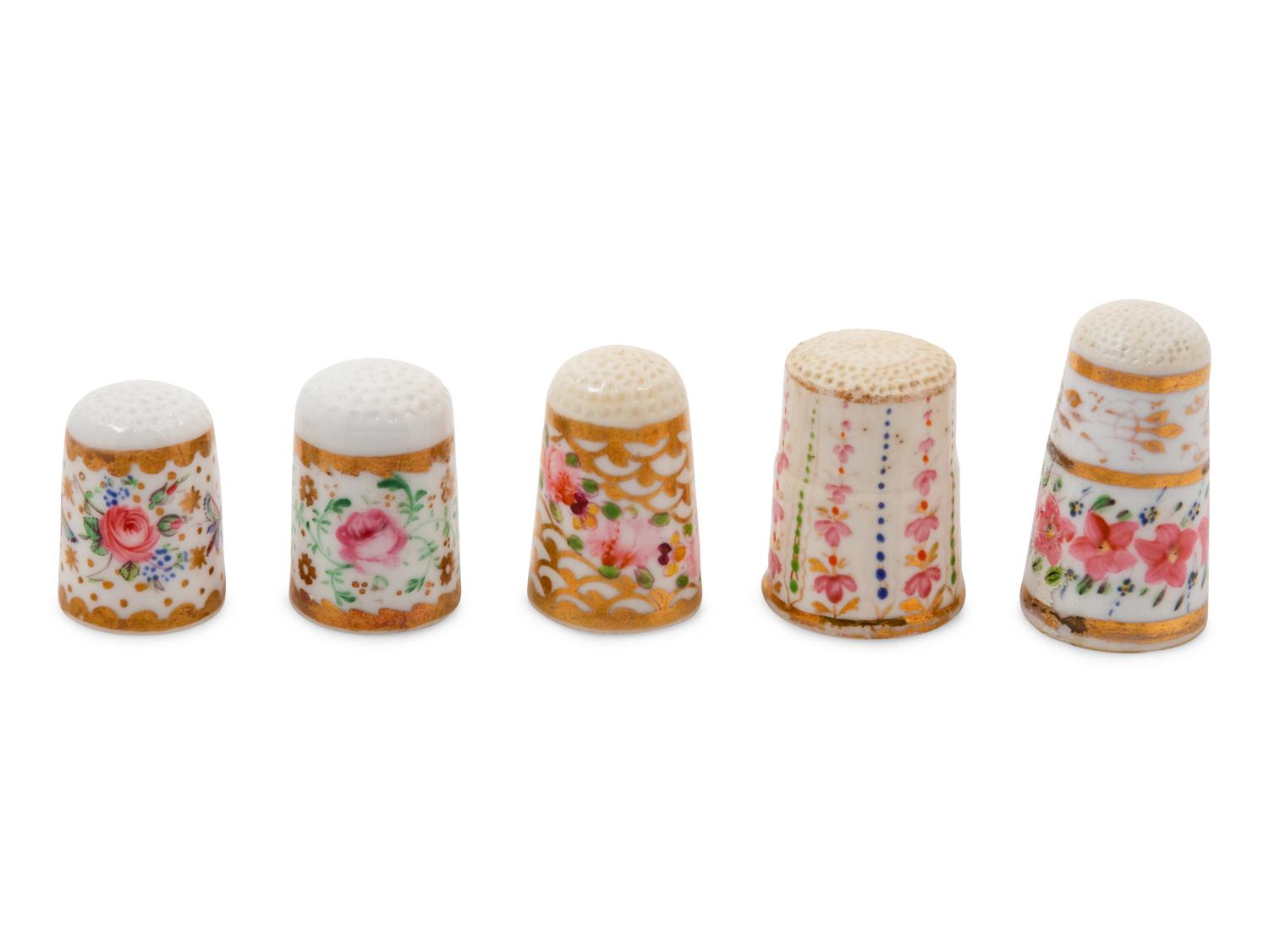 Five English Painted and Parcel Gilt Porcelain Thimbles