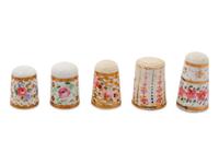 Five English Painted and Parcel Gilt Porcelain Thimbles