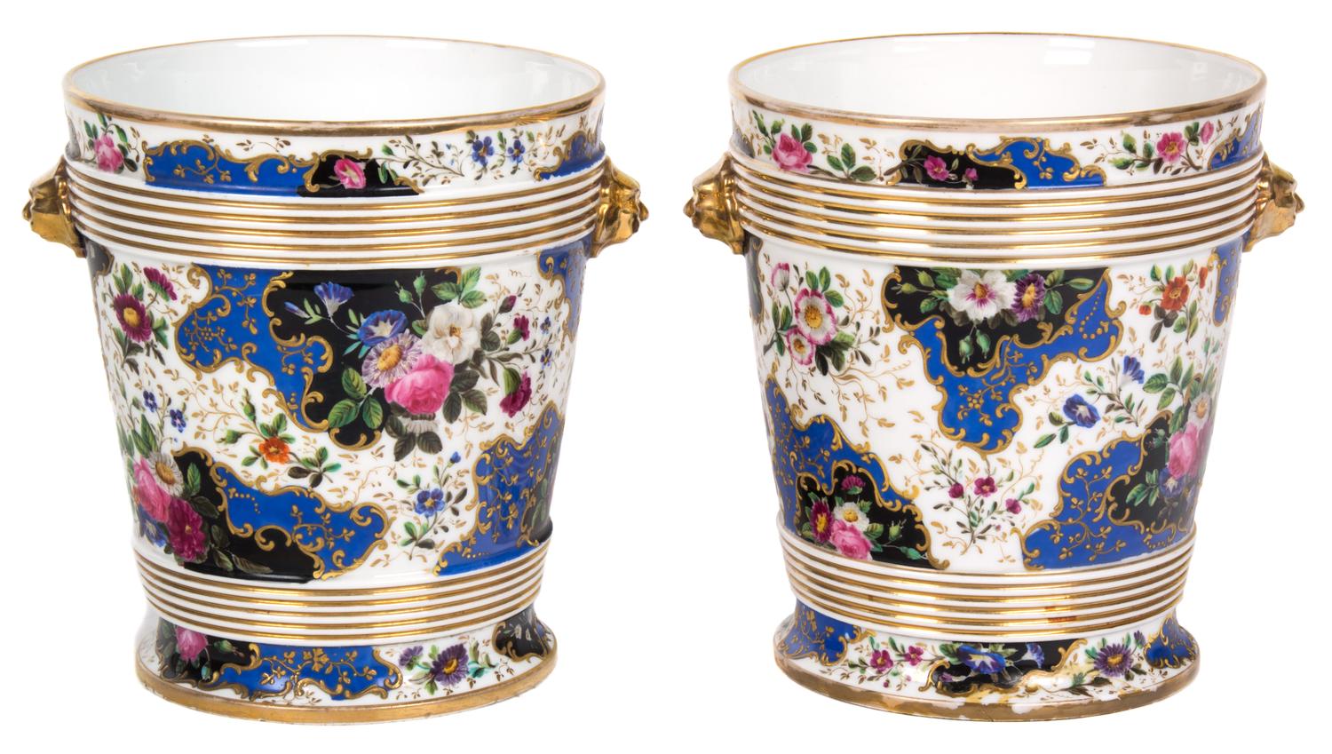 A Pair of English Porcelain Coolers Height 7 1/2 x diameter 6 1/2 inches.