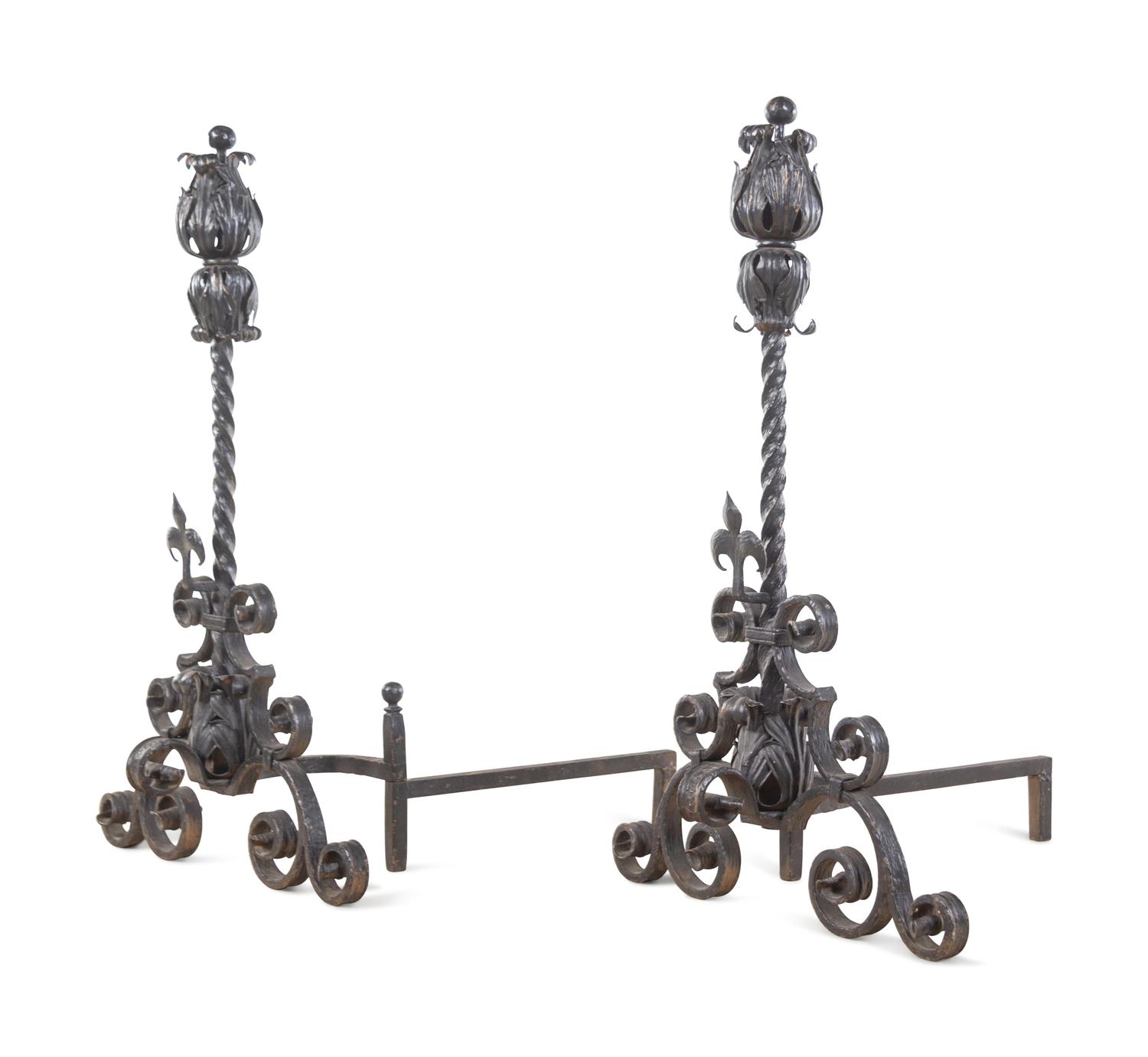 A Pair of Baroque Style Wrought Iron and Metal Andirons