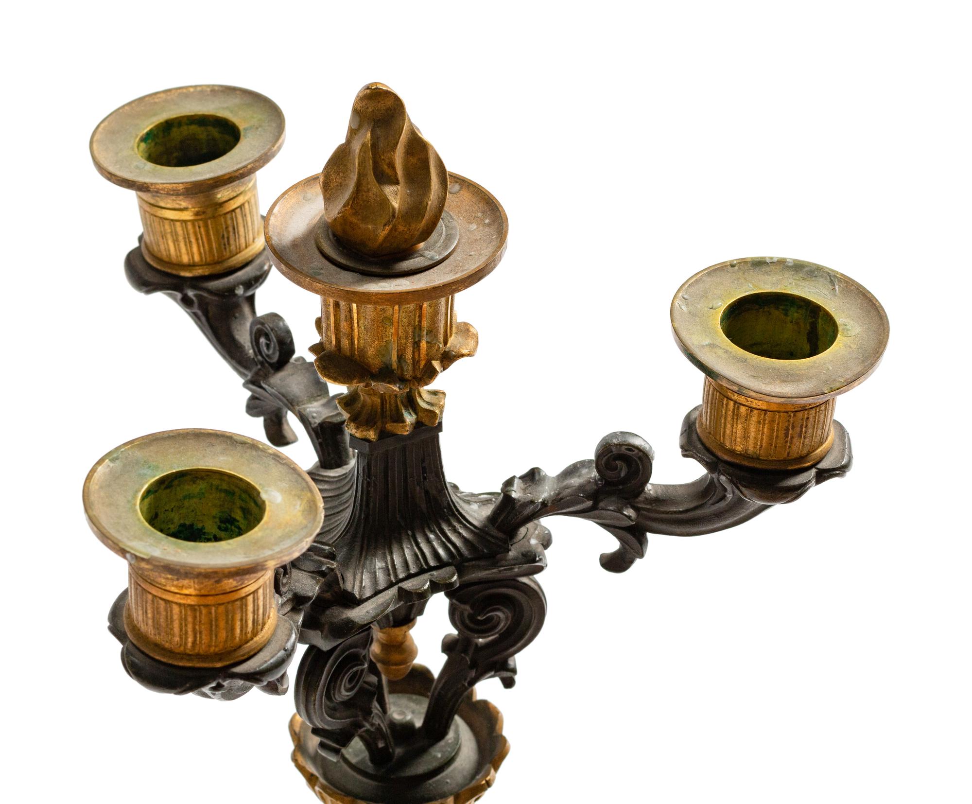 A Pair of Empire Parcel-Gilt and Patinated Bronze Four-Light Candelabra — 19TH CENTURY