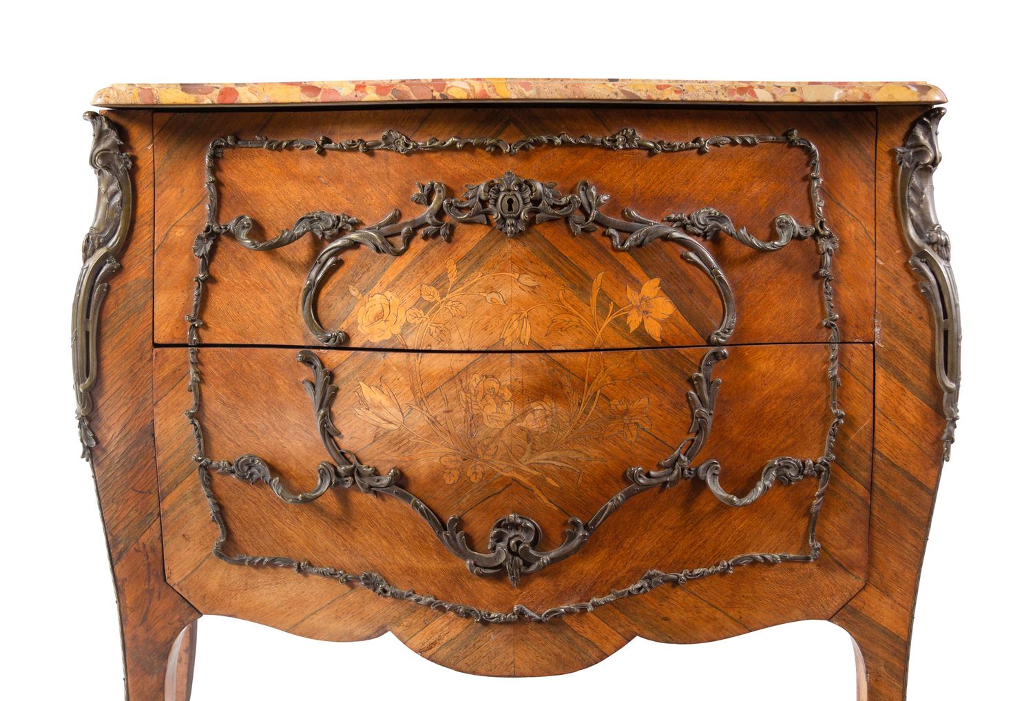 A Louis XV Style Gilt Bronze-Mounted Marquetry Marble-Top Commode