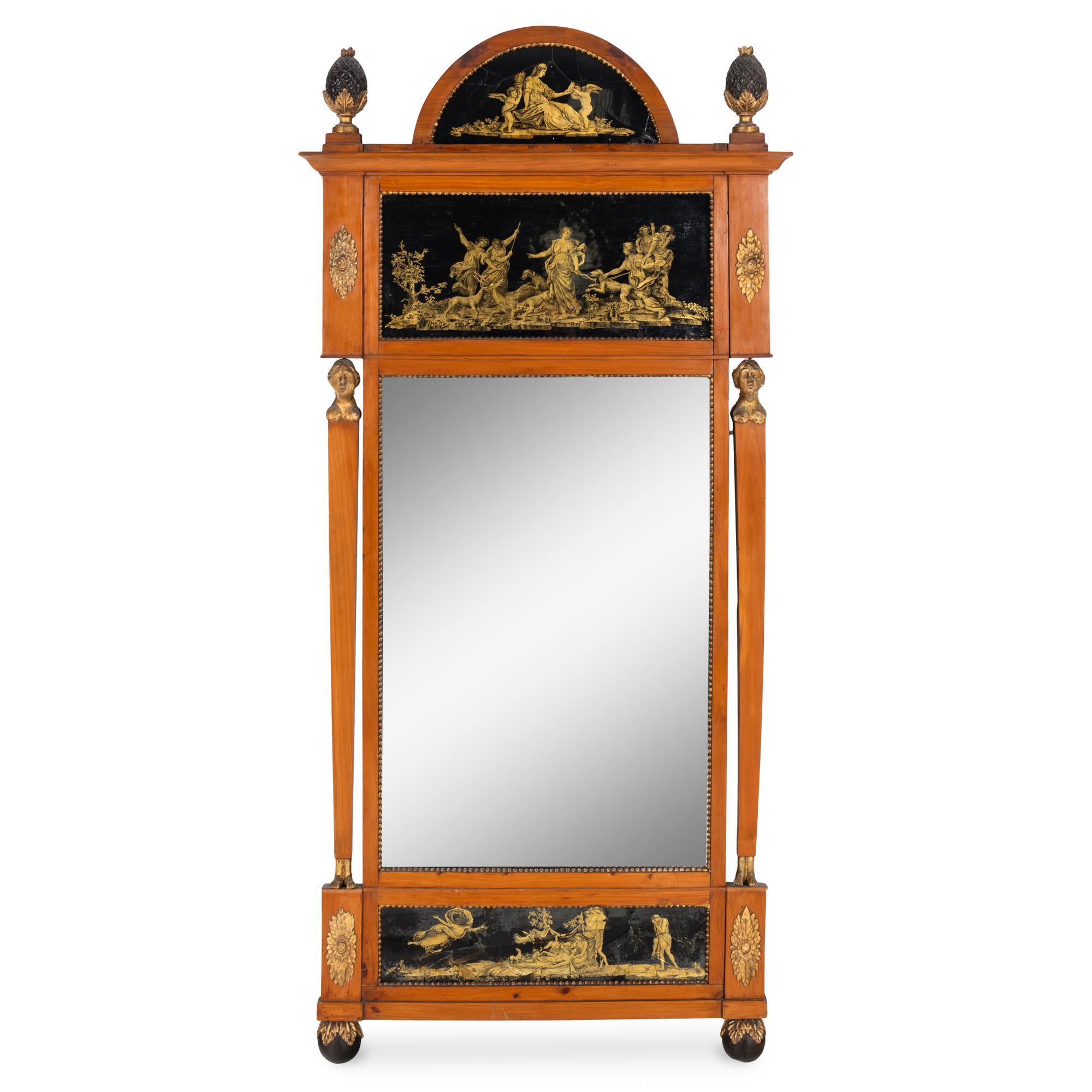 A Neoclassical Birch, Verre Églomisé and Parcel-Gilt Mirror