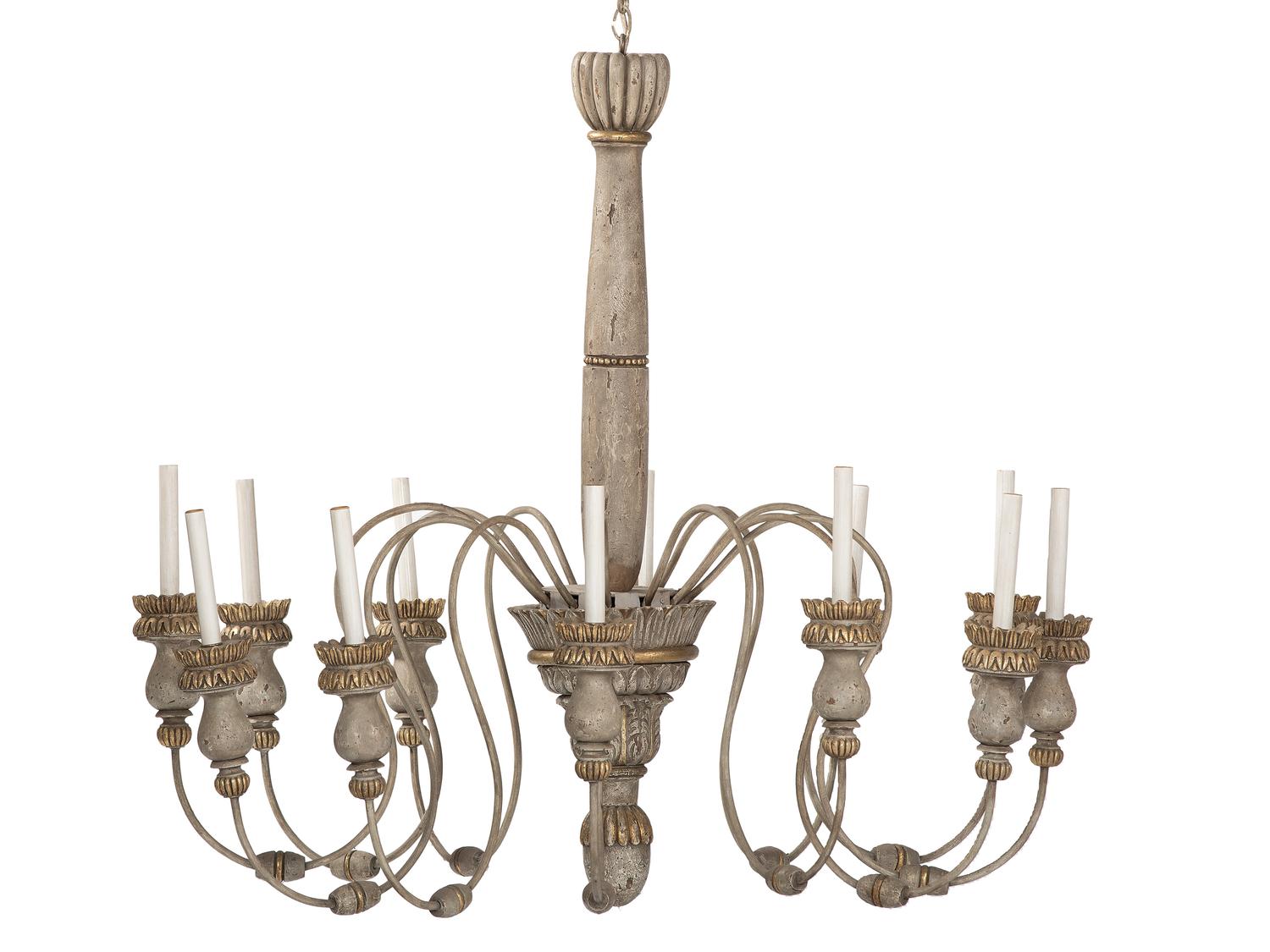 A Pair of Carved and Painted Wood Twelve-Light Chandeliers