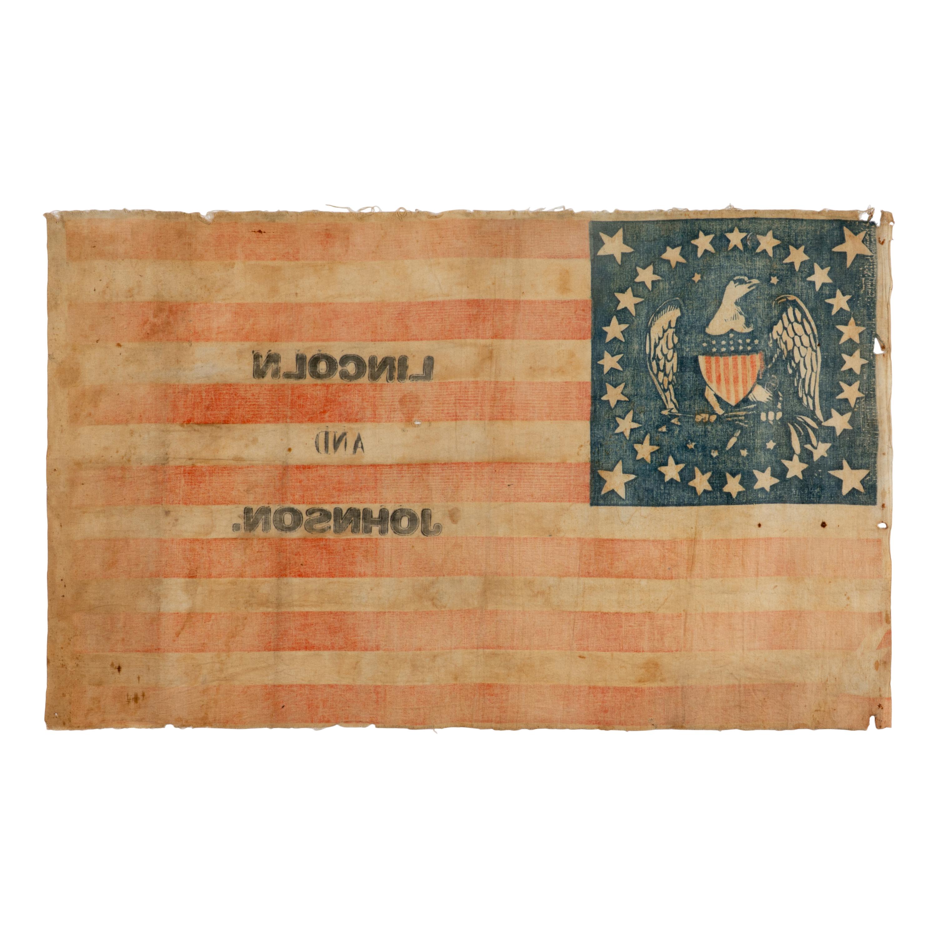 [LINCOLN-JOHNSON CAMPAIGN]. An exceedingly rare 34-star eagle parade flag, ca 1863-1864.