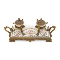 A Continental Enameled Porcelain and Gilt Metal Inkwell and Stand
