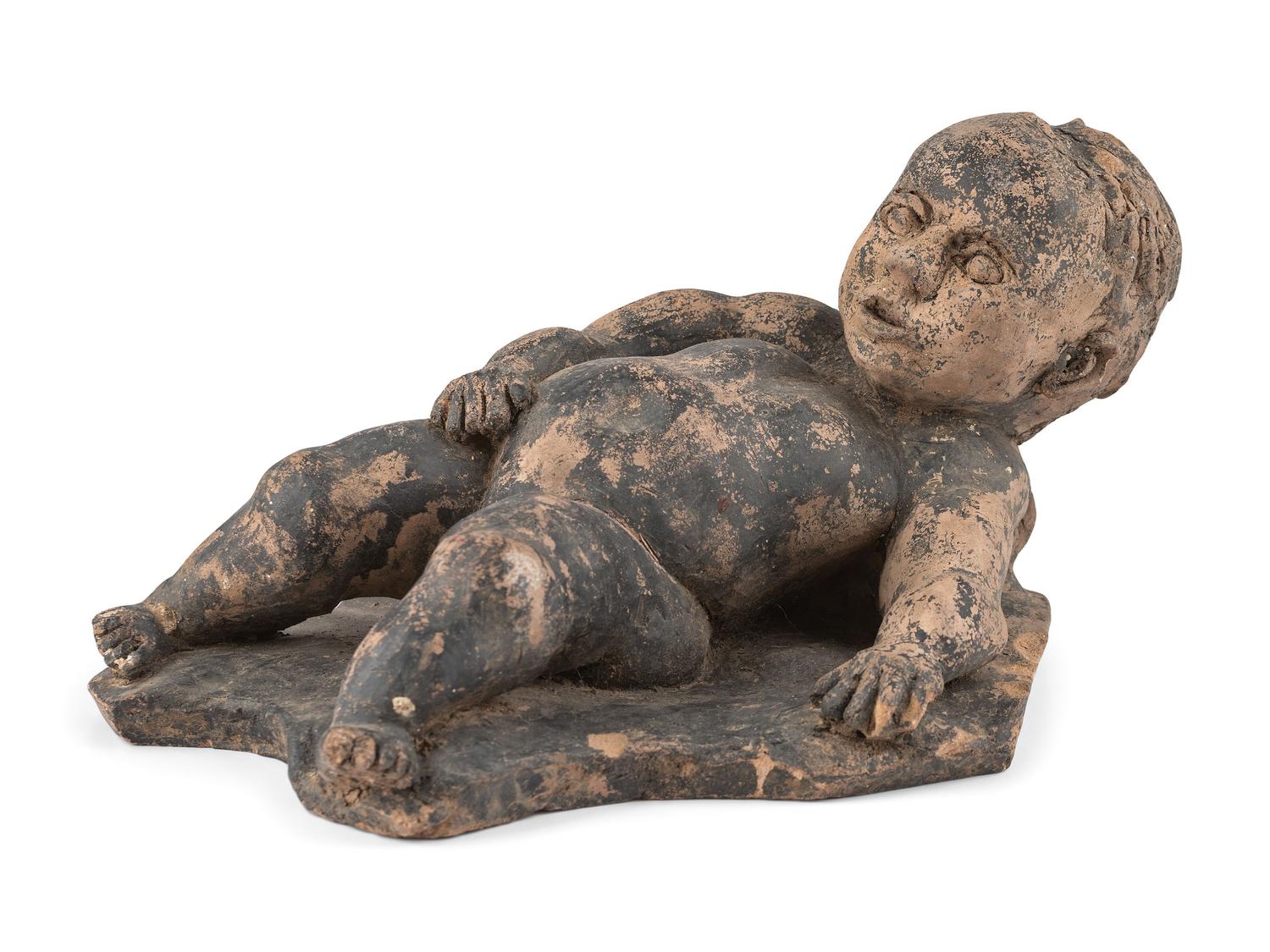 A Clay Roof Tile of a Reclining Baby