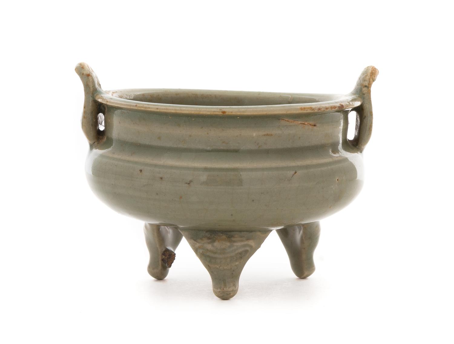 A Small Longquan Celadon Glazed Porcelain Tripod Censer Width 5 inches.