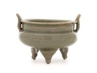 A Small Longquan Celadon Glazed Porcelain Tripod Censer Width 5 inches.